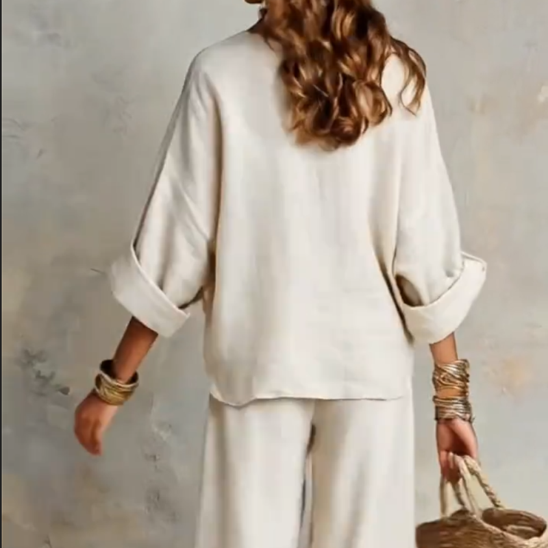 2-teiliges Set aus Damen-Top mit V-Ausschnitt und Hose mit weitem Bein