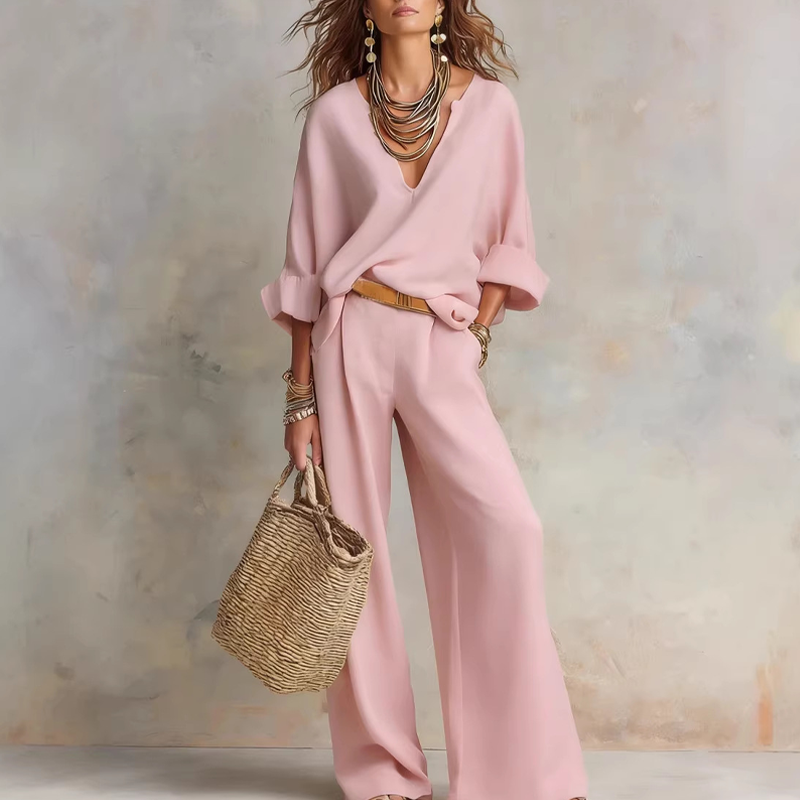 2-teiliges Set aus Damen-Top mit V-Ausschnitt und Hose mit weitem Bein