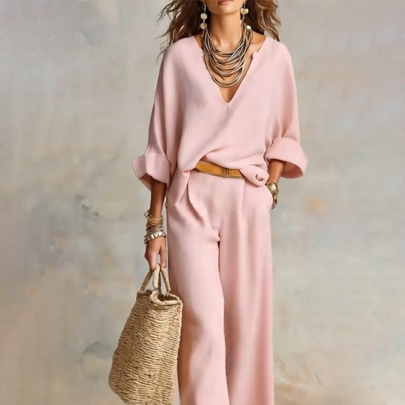 2-teiliges Set aus Damen-Top mit V-Ausschnitt und Hose mit weitem Bein