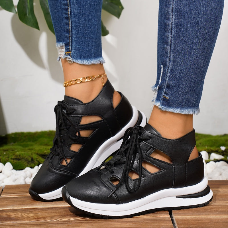 Breathable Cutout Lace-Up Platform Sneakers