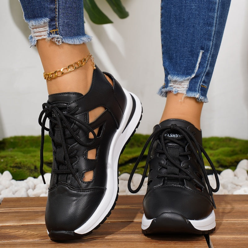 Breathable Cutout Lace-Up Platform Sneakers