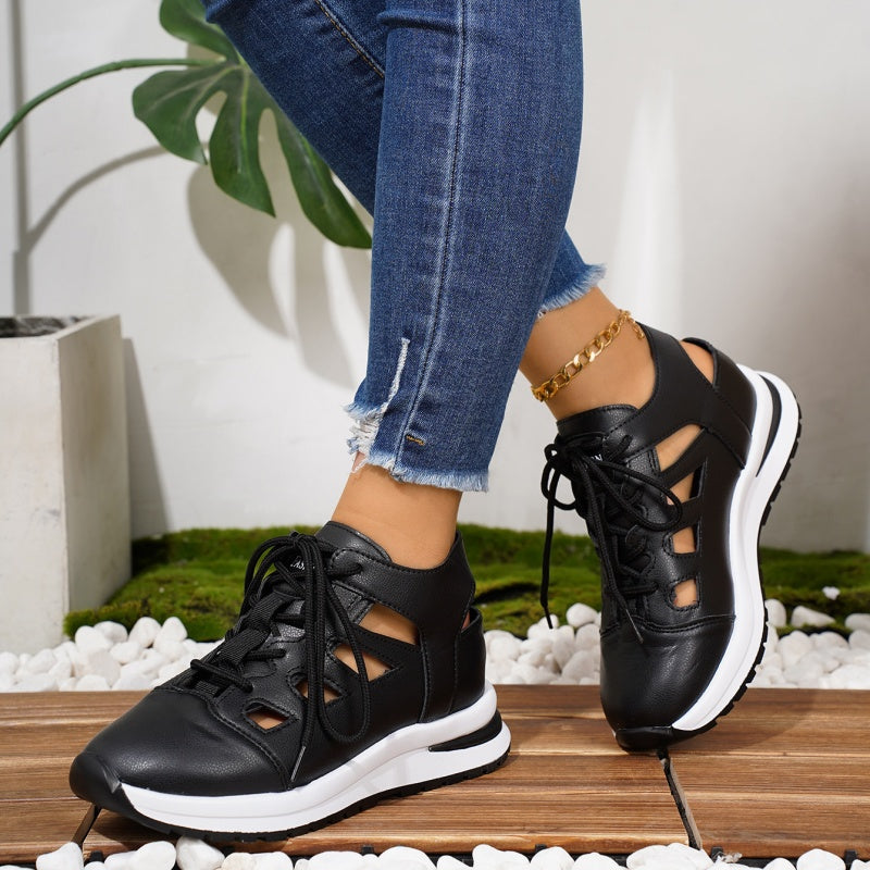 Breathable Cutout Lace-Up Platform Sneakers