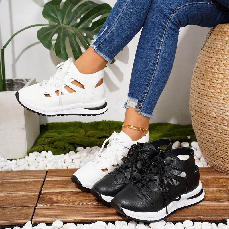 Breathable Cutout Lace-Up Platform Sneakers