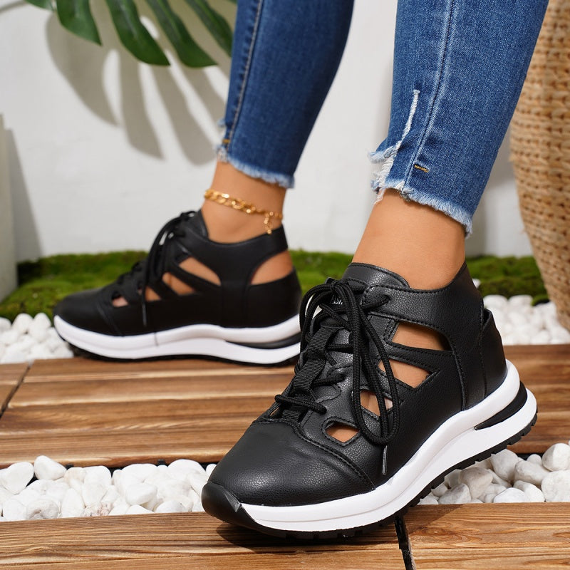 Breathable Cutout Lace-Up Platform Sneakers