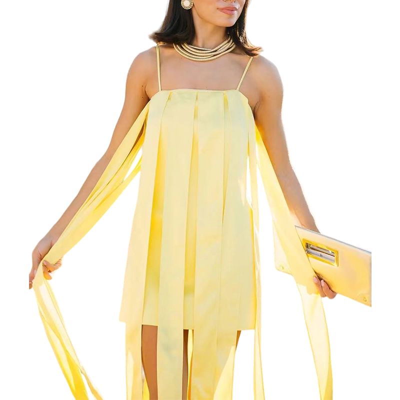 Square Neck Spaghetti Strap Tassel Dress