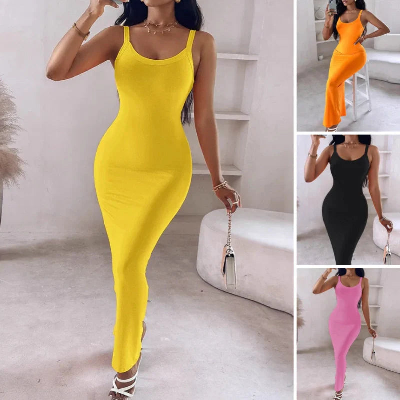 🌺 LIMITIERT: 49% RABATT! 🔥Einfarbiges, figurbetontes Maxikleid mit Spaghettiträgern für Damen