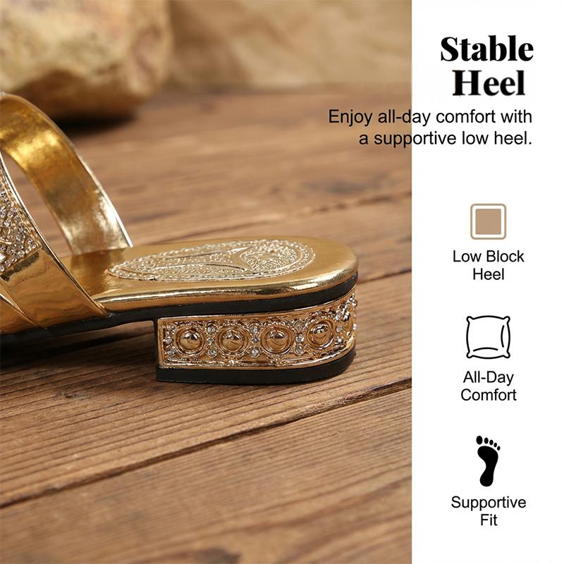 Slip-On-Sandalen mit Strasssteinen und niedrigem Absatz