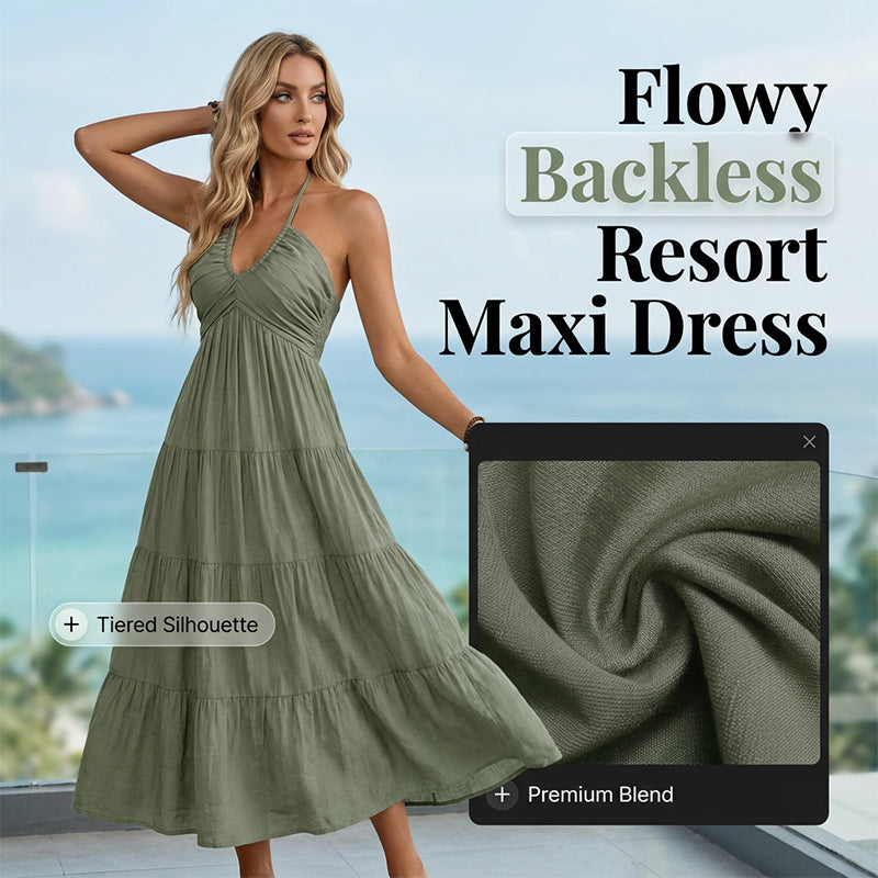 👗 50% RABATT! 🌴 Maxikleid für Damen mit Neckholder & Rückenfreiem Ausschnitt – Gestuft, Fließend & Im Resort-Stil Für Einen Eleganter Auftritt Im Urlaub 🌺