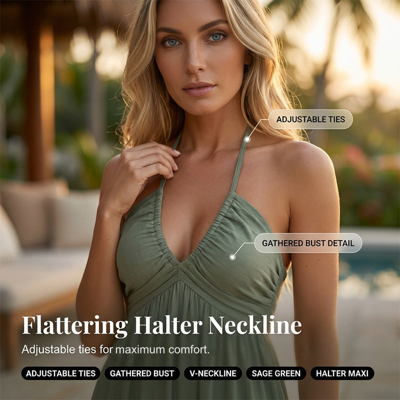 👗 50% RABATT! 🌴 Maxikleid für Damen mit Neckholder & Rückenfreiem Ausschnitt – Gestuft, Fließend & Im Resort-Stil Für Einen Eleganter Auftritt Im Urlaub 🌺