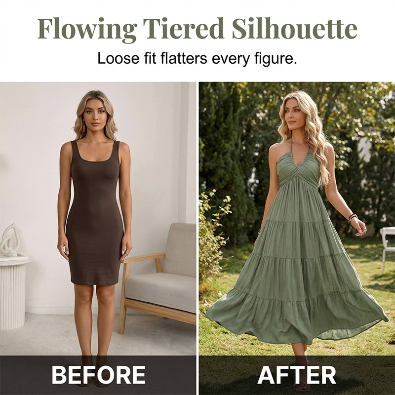 👗 50% RABATT! 🌴 Maxikleid für Damen mit Neckholder & Rückenfreiem Ausschnitt – Gestuft, Fließend & Im Resort-Stil Für Einen Eleganter Auftritt Im Urlaub 🌺