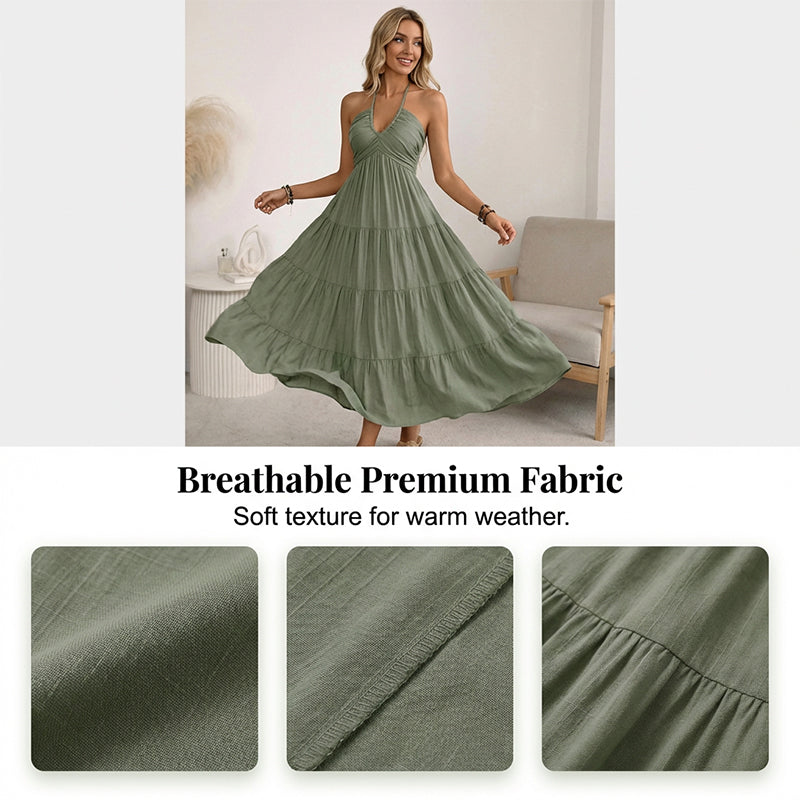 👗 50% RABATT! 🌴 Maxikleid für Damen mit Neckholder & Rückenfreiem Ausschnitt – Gestuft, Fließend & Im Resort-Stil Für Einen Eleganter Auftritt Im Urlaub 🌺