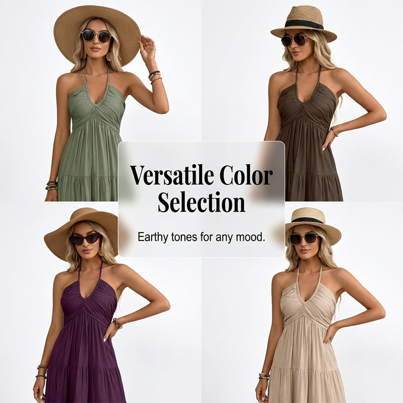 👗 50% RABATT! 🌴 Maxikleid für Damen mit Neckholder & Rückenfreiem Ausschnitt – Gestuft, Fließend & Im Resort-Stil Für Einen Eleganter Auftritt Im Urlaub 🌺