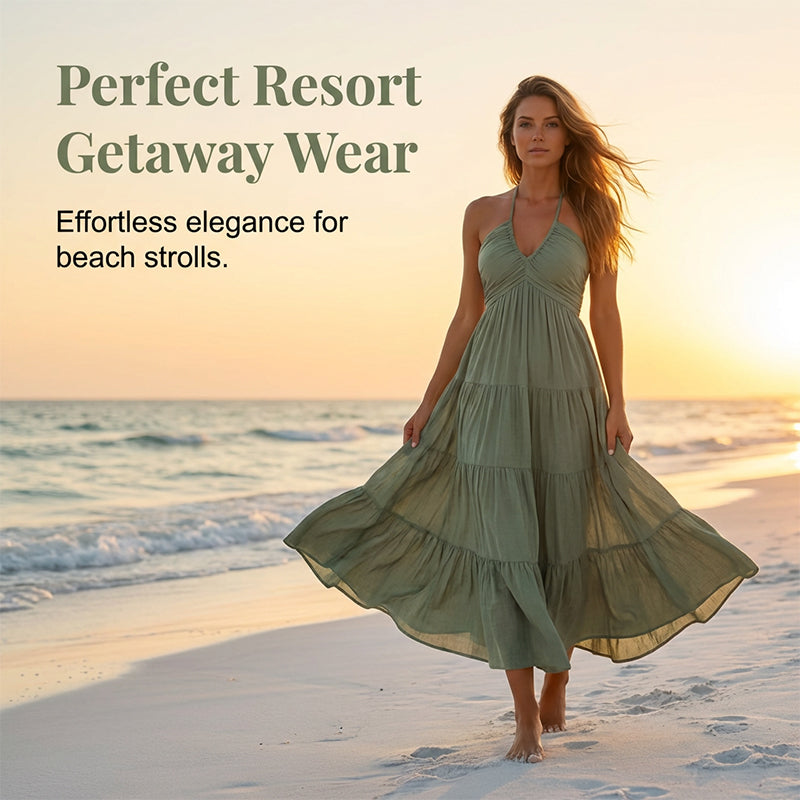 👗 50% RABATT! 🌴 Maxikleid für Damen mit Neckholder & Rückenfreiem Ausschnitt – Gestuft, Fließend & Im Resort-Stil Für Einen Eleganter Auftritt Im Urlaub 🌺