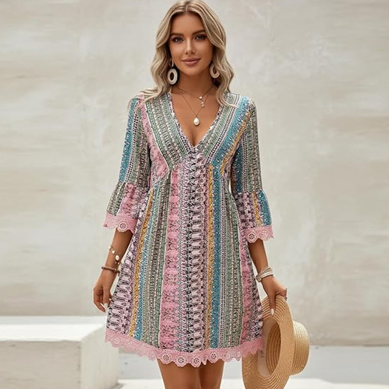 🌿Kostenloses Geschenk✨Minikleid für Damen mit V-Ausschnitt, geometrischem Muster und Spitzenbesatz – perfekt für den Urlaub