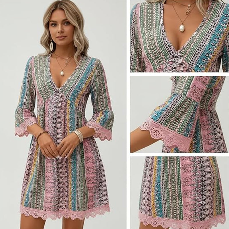 🌿Kostenloses Geschenk✨Minikleid für Damen mit V-Ausschnitt, geometrischem Muster und Spitzenbesatz – perfekt für den Urlaub