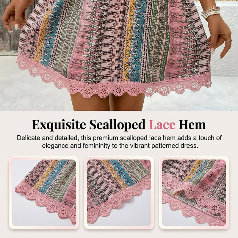 🌿Kostenloses Geschenk✨Minikleid für Damen mit V-Ausschnitt, geometrischem Muster und Spitzenbesatz – perfekt für den Urlaub