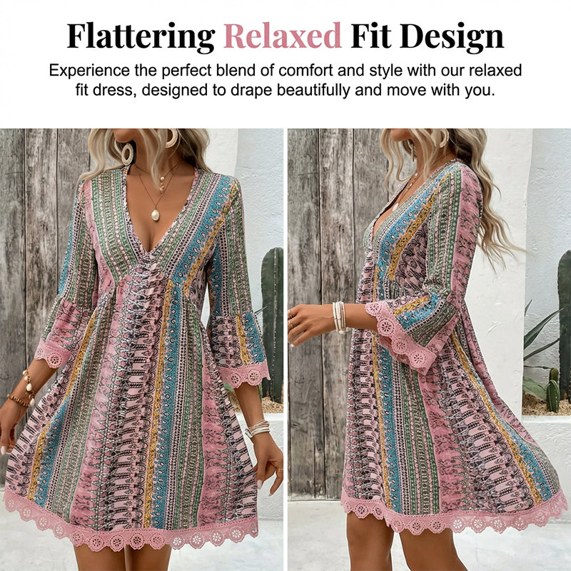 🌿Kostenloses Geschenk✨Minikleid für Damen mit V-Ausschnitt, geometrischem Muster und Spitzenbesatz – perfekt für den Urlaub