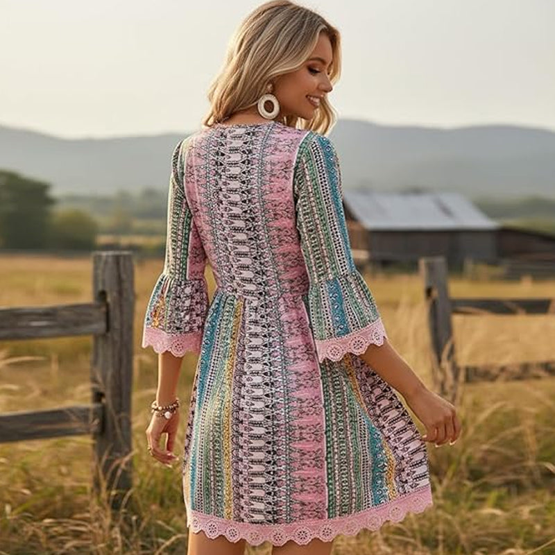🌿Kostenloses Geschenk✨Minikleid für Damen mit V-Ausschnitt, geometrischem Muster und Spitzenbesatz – perfekt für den Urlaub