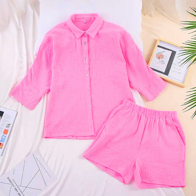 🌺 LIMITIERT: 49% RABATT! 🔥 Hemd mit Knopfleiste und Shorts, 2-teiliges Set