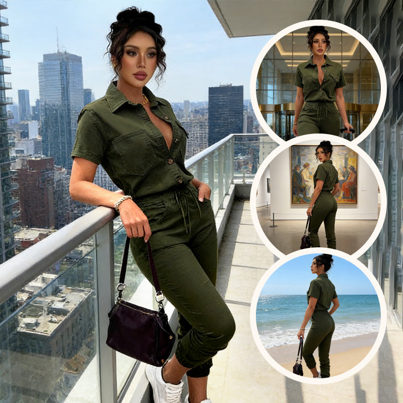 Kurzärmeliger Jumpsuit für Damen mit Knopfleiste