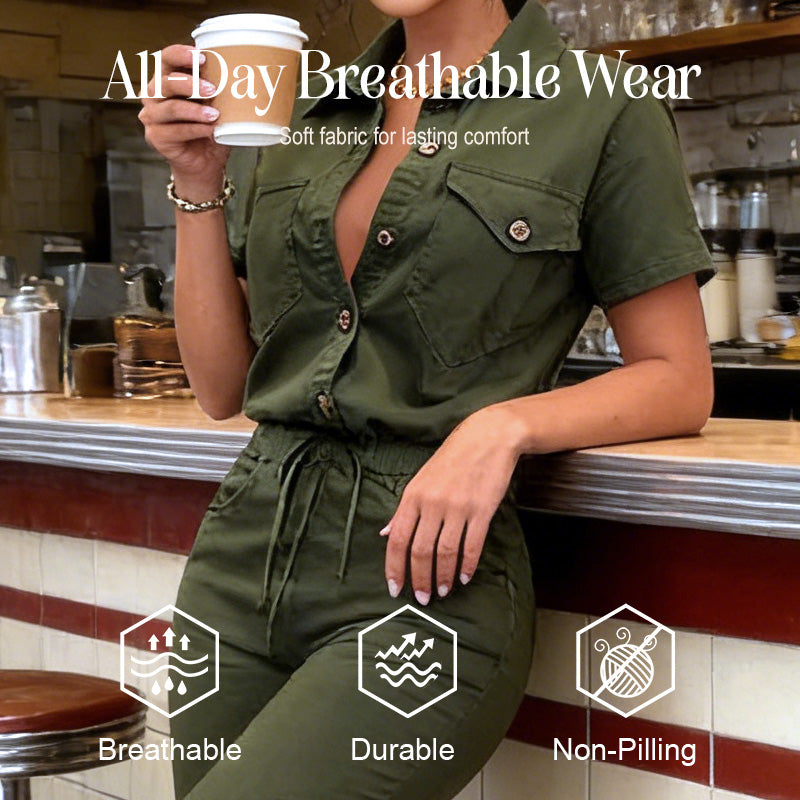 Kurzärmeliger Jumpsuit für Damen mit Knopfleiste