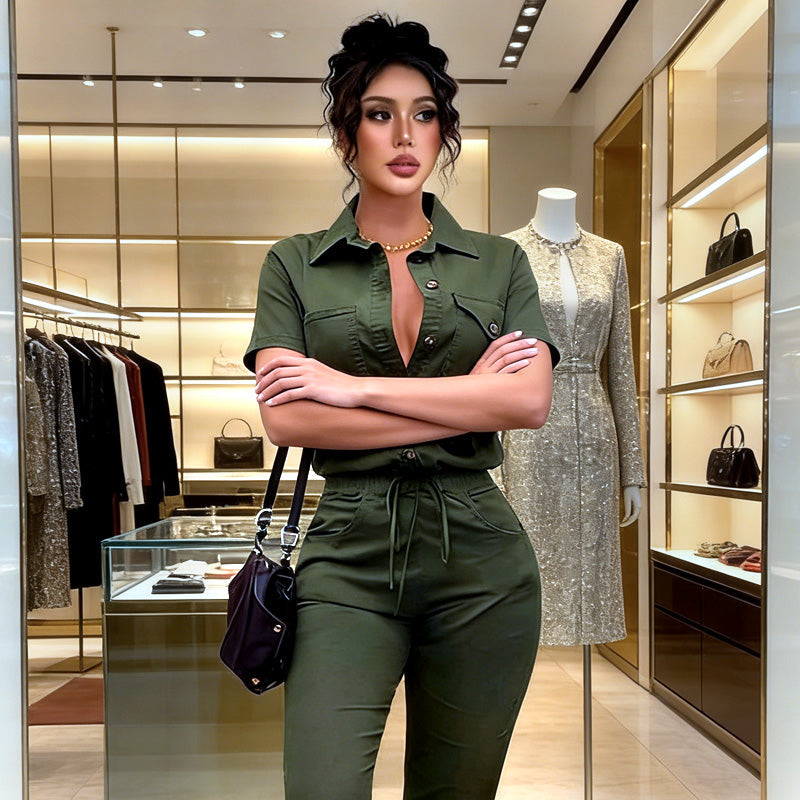 Kurzärmeliger Jumpsuit für Damen mit Knopfleiste