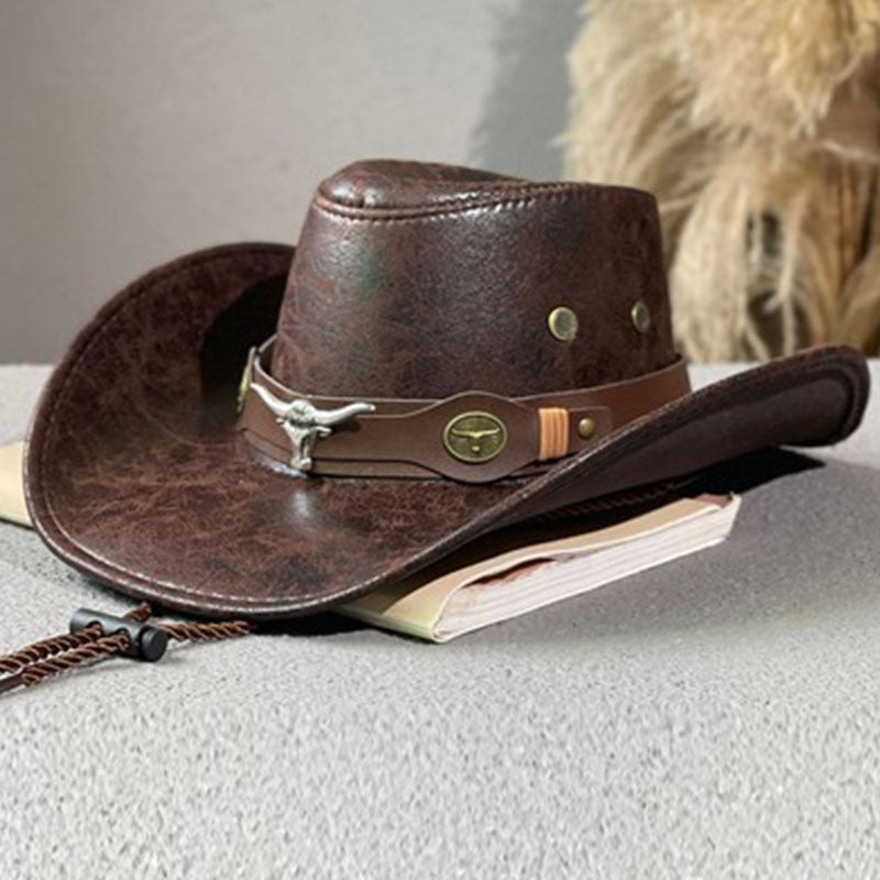 Gluschwein - 🤠 LIMITED-TIME 50% RABATT! ✨ Vintage-Cowboyhut mit breiter Krempe & Riemen – PU, Einheitsgröße, Verstellbar ☀️