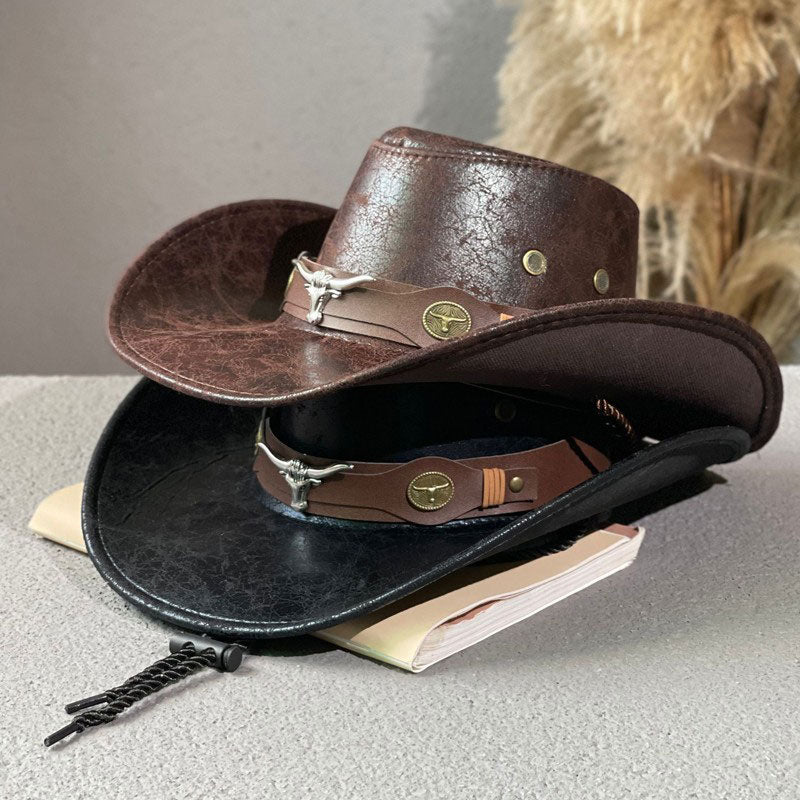 Gluschwein - 🤠 LIMITED-TIME 50% RABATT! ✨ Vintage-Cowboyhut mit breiter Krempe & Riemen – PU, Einheitsgröße, Verstellbar ☀️