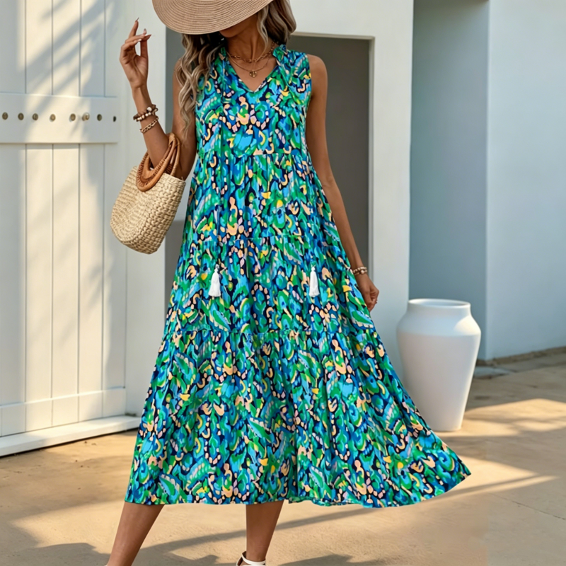 Gluschwein - Ärmelloses, gestuftes Midikleid mit abstraktem Print für Damen