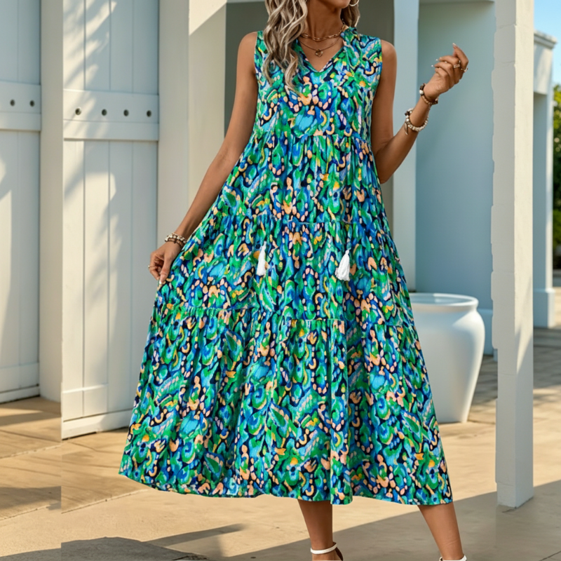 Gluschwein - Ärmelloses, gestuftes Midikleid mit abstraktem Print für Damen