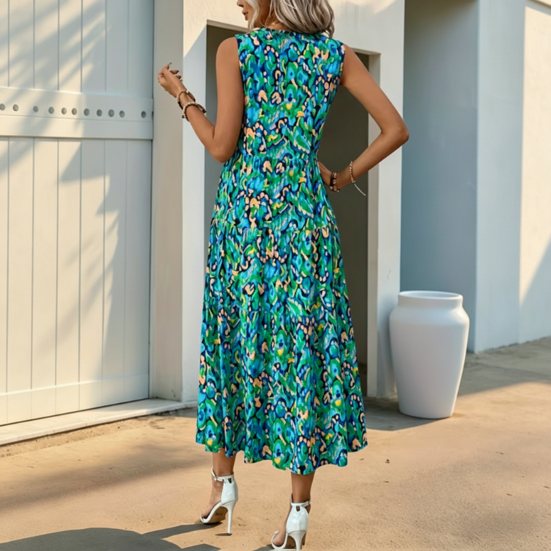 Gluschwein - Ärmelloses, gestuftes Midikleid mit abstraktem Print für Damen