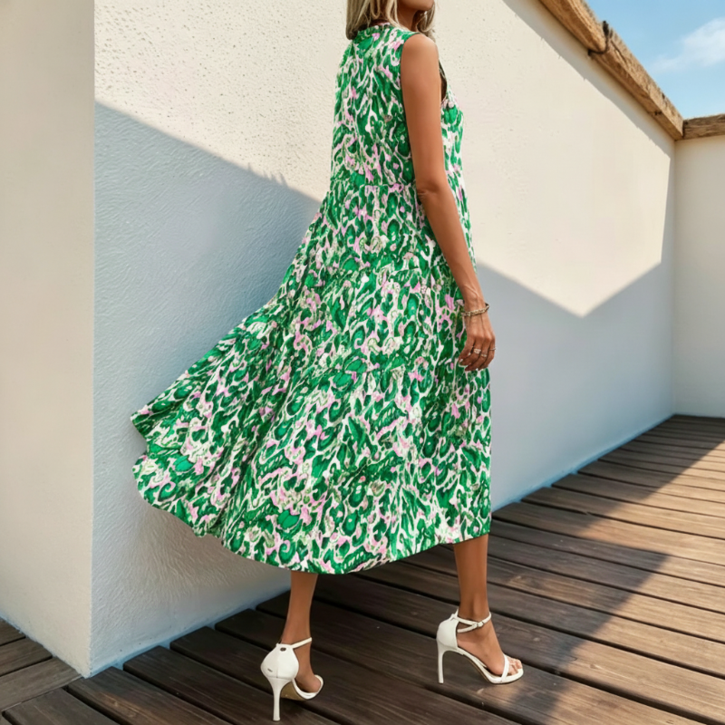 Gluschwein - Ärmelloses, gestuftes Midikleid mit abstraktem Print für Damen