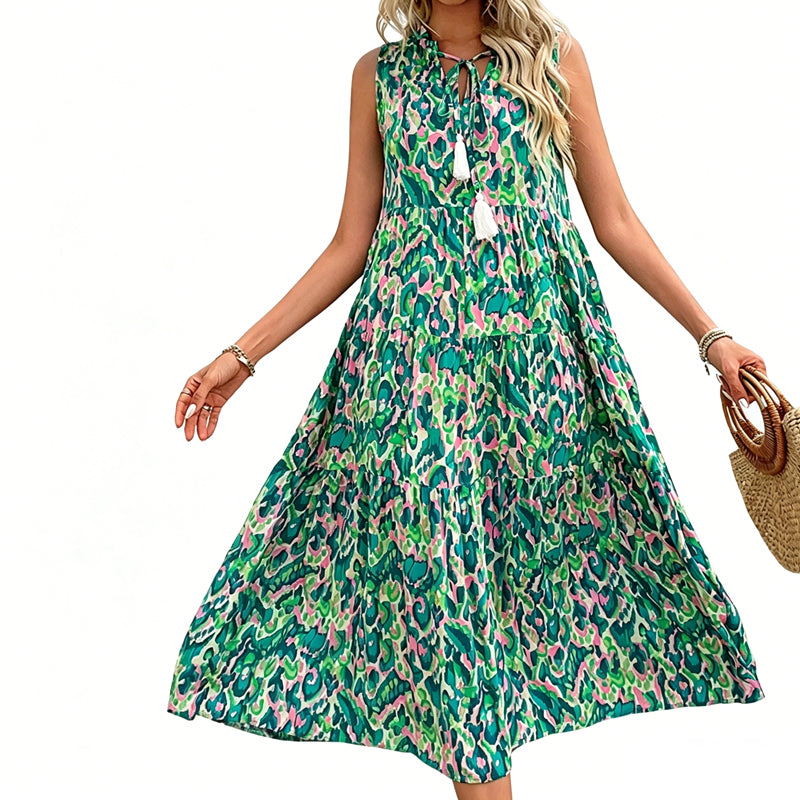 Gluschwein - Ärmelloses, gestuftes Midikleid mit abstraktem Print für Damen
