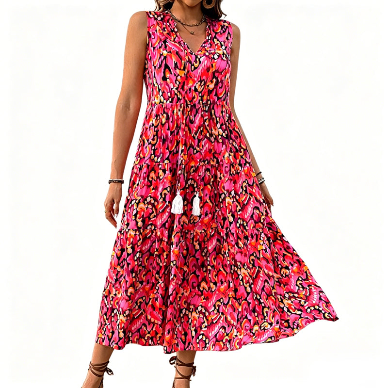 Gluschwein - Ärmelloses, gestuftes Midikleid mit abstraktem Print für Damen
