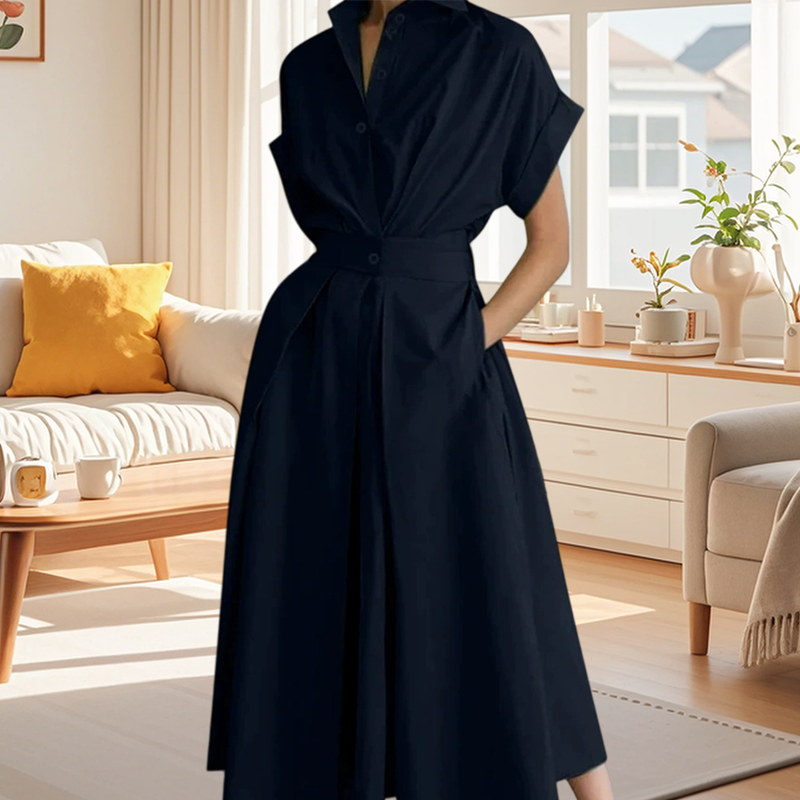 Elegantes Hemdblusenkleid in A-Linie mit Reverskragen und hoher Taille🌸