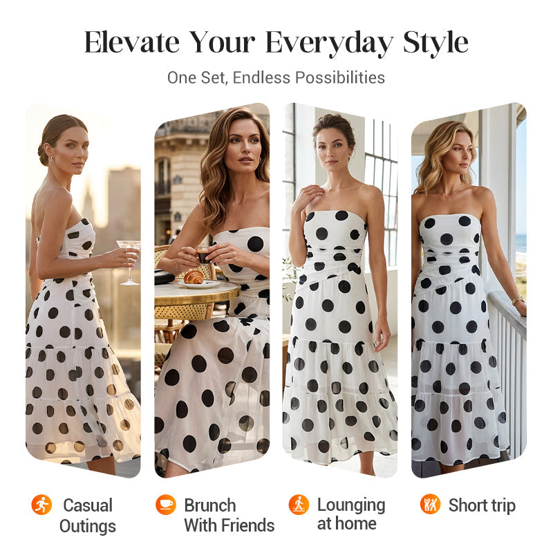 👗 50% RABATT! ✨ Elegantes Trägerloses Tupfen-Stufenkleid – Fließender Stoff, Schmeichelhafter Schnitt & Perfekt Für Einen Romantischen Sommerlook ☀️