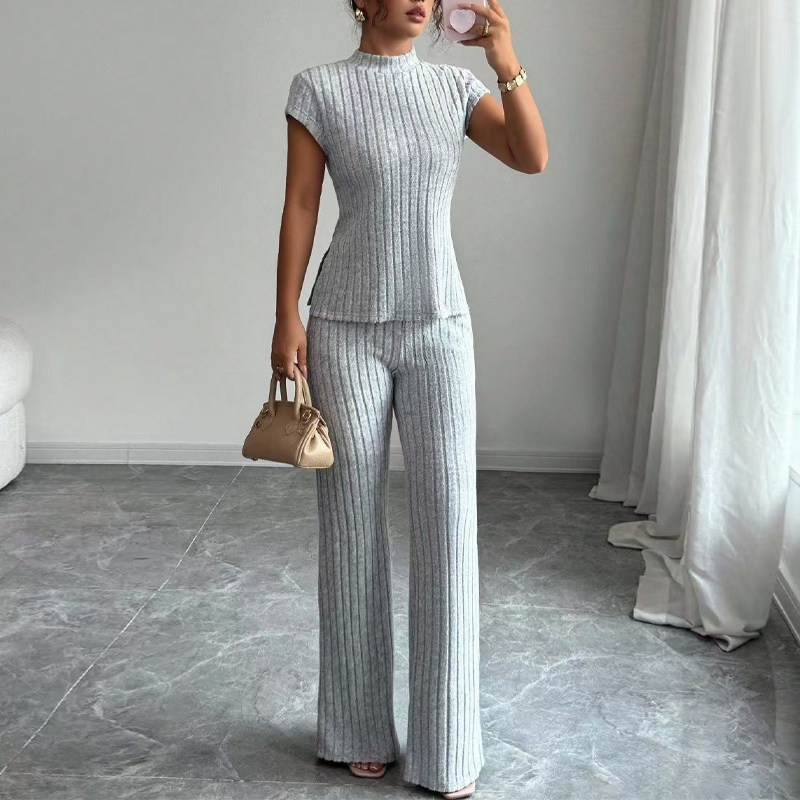 👗 JETZT 50 % RABATT! 🌸 Elegantes 2-teiliges Set aus Oberteil mit Stehkragen und Hose mit weitem Bein – gerippte Struktur, fließende Silhouette und vielseitiger Stil ✨