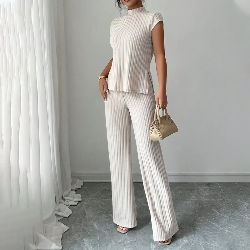 👗 JETZT 50 % RABATT! 🌸 Elegantes 2-teiliges Set aus Oberteil mit Stehkragen und Hose mit weitem Bein – gerippte Struktur, fließende Silhouette und vielseitiger Stil ✨
