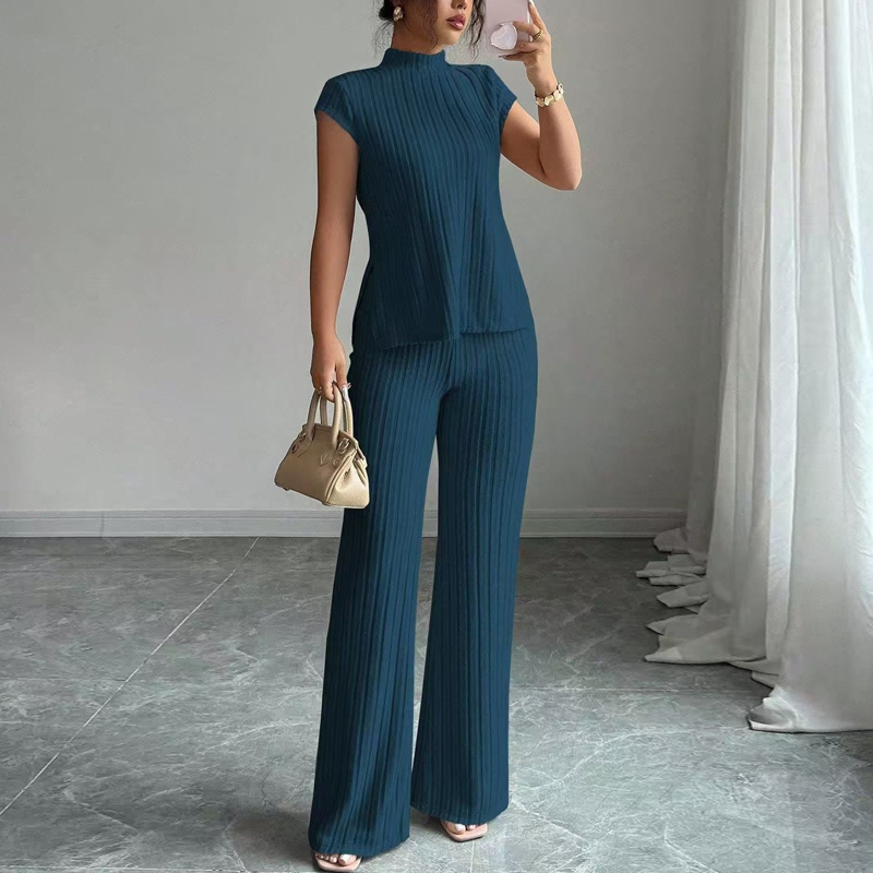 👗 JETZT 50 % RABATT! 🌸 Elegantes 2-teiliges Set aus Oberteil mit Stehkragen und Hose mit weitem Bein – gerippte Struktur, fließende Silhouette und vielseitiger Stil ✨