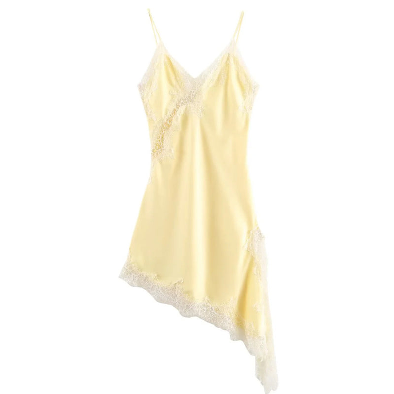 🎀Spaghettiträgerkleid mit V-Ausschnitt und Spitzenbesatz