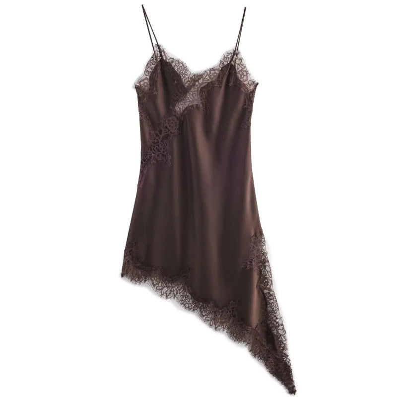 🎀Spaghettiträgerkleid mit V-Ausschnitt und Spitzenbesatz