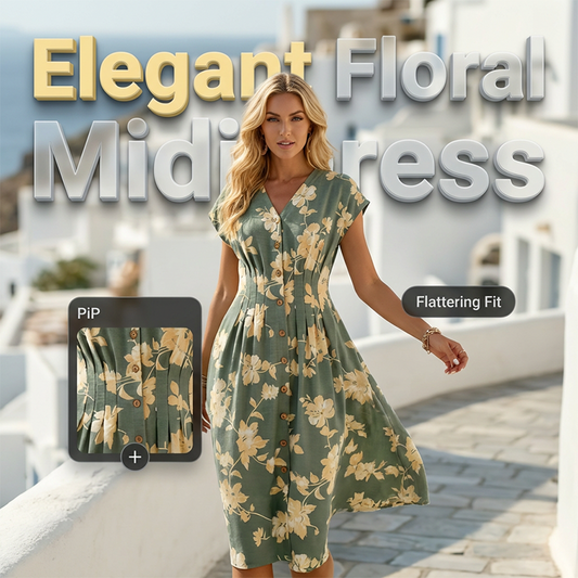 Gluschwein - ✨ Ein Must-Have für Frühling/Sommer! Midi-Kleid mit V-Ausschnitt, Blumenmuster und Knopfleiste – elegant und schick! ✨