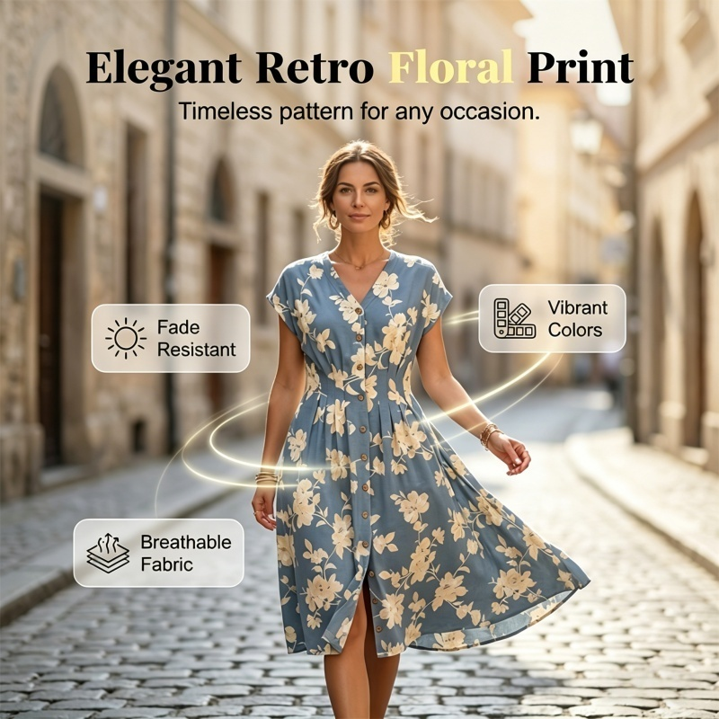 Gluschwein - ✨ Ein Must-Have für Frühling/Sommer! Midi-Kleid mit V-Ausschnitt, Blumenmuster und Knopfleiste – elegant und schick! ✨