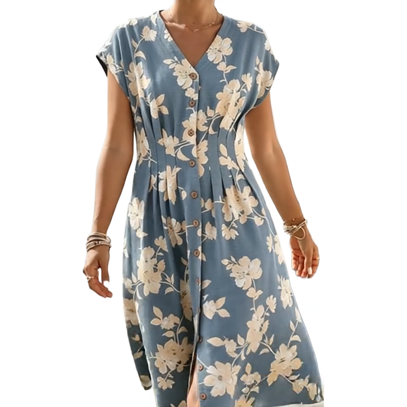 Gluschwein - ✨ Ein Must-Have für Frühling/Sommer! Midi-Kleid mit V-Ausschnitt, Blumenmuster und Knopfleiste – elegant und schick! ✨
