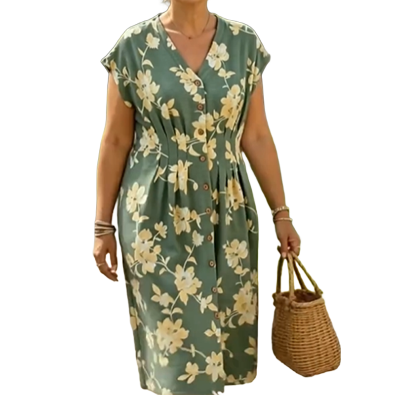 Gluschwein - ✨ Ein Must-Have für Frühling/Sommer! Midi-Kleid mit V-Ausschnitt, Blumenmuster und Knopfleiste – elegant und schick! ✨