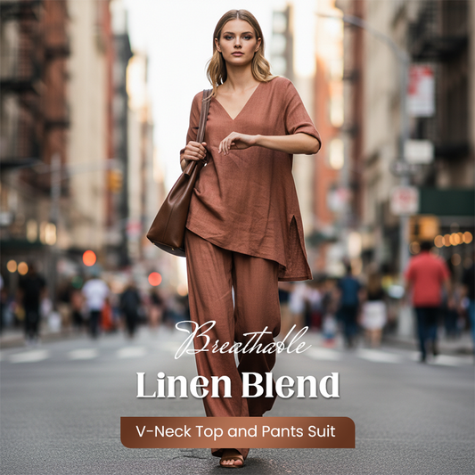 Gluschwein - Breathable Linen Blend V-Neck Top and Pants Suit