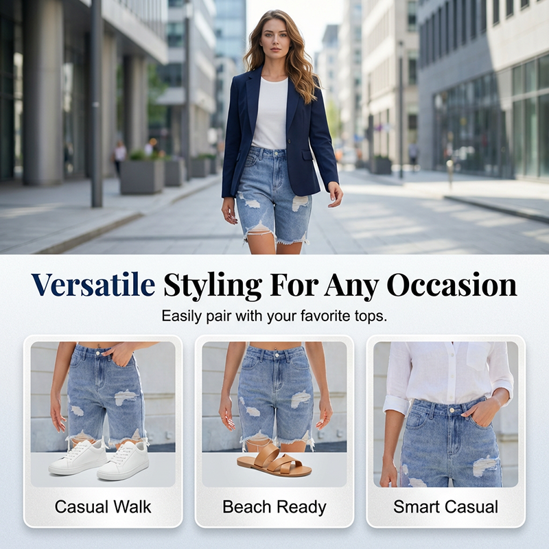 Women's Ripped High-Waist Denim Bermuda Shorts