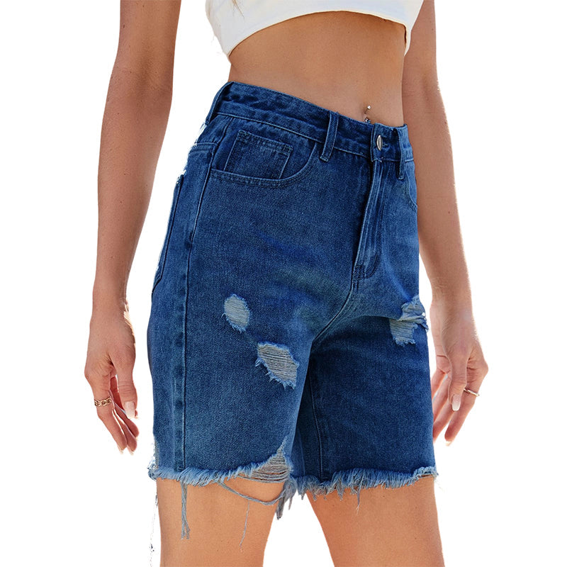 Women's Ripped High-Waist Denim Bermuda Shorts