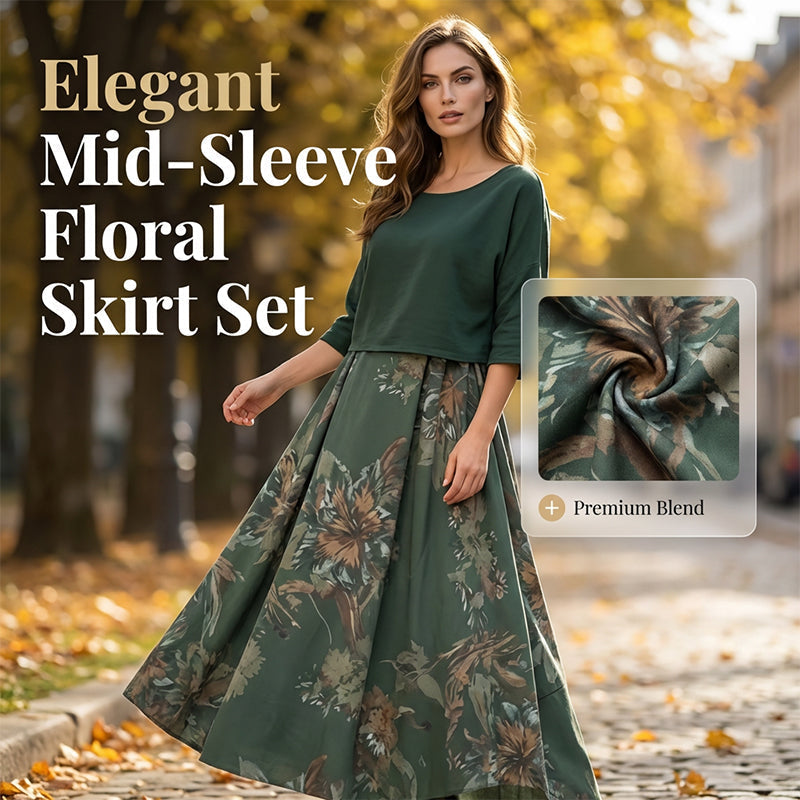 Women's Mid-Length Sleeve Blouse and Printed Dress Set