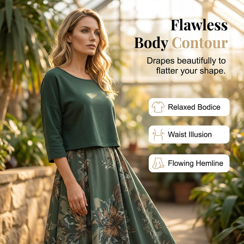 Women's Mid-Length Sleeve Blouse and Printed Dress Set